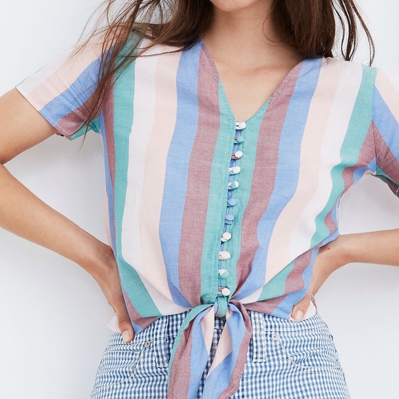 Madewell Novel Tie-Front Button Top in Flagstaff Stripe size small - Picture 6 of 7
